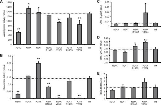 Figure 3. L-ASN activity and cell-kill assays. All experiments were conducted 3 times (n = 3). SDs were calculated for each protein. (A) Asparaginase activity measured for WT and mutant L-ASN. (B) Glutaminase activity for WT and mutant L-ASN. IC50 values were estimated for WT and mutants at asparaginase-equivalent doses of the compounds, thus reflecting the sole impact of modification of glutaminase activity on drug cytotoxicity. (C) Cytotoxicity assays on drug-sensitive SupB15 cells. (D) Cytotoxicity assays on intermediate drug-sensitive MV4:11 cells. (E) Cytotoxicity assays on drug-resistant REH cells. *P < .05; **P < .01.