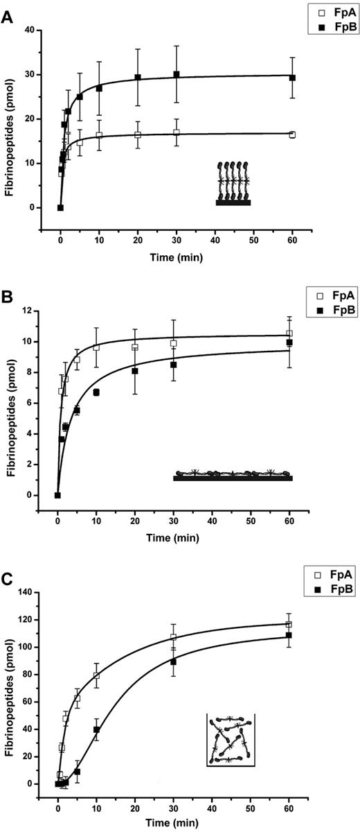 Figure 4. Kinetics of thrombin-mediated release of fibrinopeptides from the primary fibrinogen layers adsorbed on polystyrene. The amounts of FpA (□) and FpB (■) released from the primary fibrinogen layers adsorbed from the high (500 μg/mL, 30 minutes) and low (20 μg/mL, 150 minutes) fibrinogen concentrations (A and B, respectively) and from fibrinogen in solution (C) was determined by HPLC, as described in “Methods.” The concentration of thrombin in all experiments was 2.5 U/mL. Each point represents a mean value obtained from 3 independent experiments in which the total amount released in one well at the indicated time interval was measured. Inserts in panels a and b show an illustrative arrangement of fibrinogen molecules adsorbed in the end-on and side-on orientations, respectively, and in panel C fibrinogen in solution.
