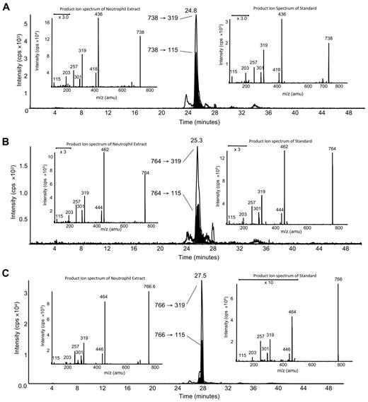 Figure 3. Structural identification of m/z 738, 764, and 766 as plasmalogen PEs with the use of MS/MS. (A) Negative LC/MS/MS of m/z 738→319 and 738→115 from ionophore-activated neutrophil lipid extract. (Left insert) Negative MS/MS spectrum at 24.8 minutes from neutrophil lipid. (Right insert) Negative MS/MS spectrum of m/z 738 generated by 5-LOX oxidation of brain PE, eluting at 24.8 minutes. (B) Negative LC/MS/MS of m/z 764→319 and 764→115 from ionophore-activated neutrophil lipid extract. (Left inset) Negative MS/MS spectrum at 25.3 minutes from neutrophil lipid. (Right inset) Negative MS/MS spectrum of m/z 764 generated by 5-LOX oxidation of brain PE, eluting at 25.3 minutes. (C) Negative LC/MS/MS of m/z 766→319 and 766→115 from ionophore-activated neutrophil lipid extract. (Left inset) Negative MS/MS spectrum at 27.5 minutes from neutrophil lipid. (Right inset) Negative MS/MS spectrum of m/z 766 generated by 5-LOX oxidation of brain PE, eluting at 27.5 minutes.