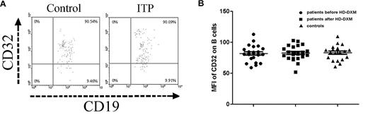 Figure 2. Expression of FcγRII/CD32 on B cells from ITP patients before and after therapy and from healthy controls. (A) Representative scattergrams of surface expression of FcγRII/CD32 on CD19+ B cells from a healthy control and an ITP patient before HD-DXM therapy. CD19+ B cells were gated based on their forward/side scatter. (B) Expression of FcγRII/CD32 (MFI) on B cells from ITP patients before and after HD-DXM therapy and from healthy controls.