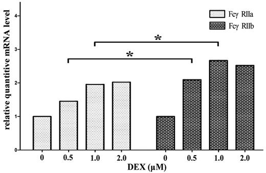 Figure 7. DXM up-regulates the mRNA expression of FcγRIIa and FcγRIIb on in vitro–cultured monocytes. Magnetically isolated monocytes from untreated ITP patients were cultured in the presence of different concentrations of DXM for 16 hours and harvested for real-time RT-PCR. β-actin mRNA was used as a control. Relative mRNA level represents the FcγRIIa or FcγRIIb expression normalized by β-actin (FcγRIIa/β-actin, FcγRIIb/β-actin) in each cell culture with respect to the expression of FcγRIIa/β-actin or FcγRIIb/β-actin measured in untreated cells. *P < .05.