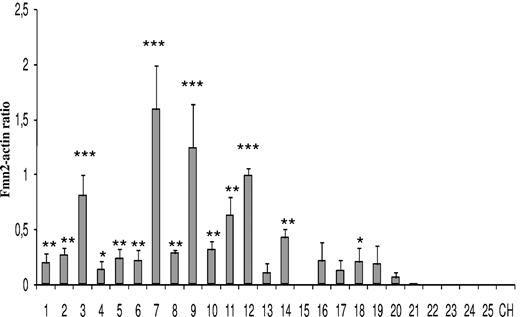 Figure 4. Expression analysis of human FMN2 gene in different types of B leukemic samples. Semiquantitative RT-PCR analysis was performed on 12 pediatric pre-B-ALL (lanes 1-12), 7 adult pre-B-ALL (lanes 13-19), 2 Burkitt leukemias (lanes 20 and 21), one mantle cell lymphoma (lane 22), one follicular lymphoma (lane 23), one B-cell prolymphocytic leukemia (lane 24), and one chronic lymphocytic leukemia (lane 25). RT-PCRs were performed in triplicate for each gene. The actin gene was used as an internal control as described in “Semiquantitative RT-PCR,” and expression level in each leukemia is presented as a selected gene/actin density ratio. Statistical analysis was performed using one-way analysis of variance, and P less than .05 was considered to be significant (*P < .05, **P < .01, ***P < .001) compared with the respective control (CH).