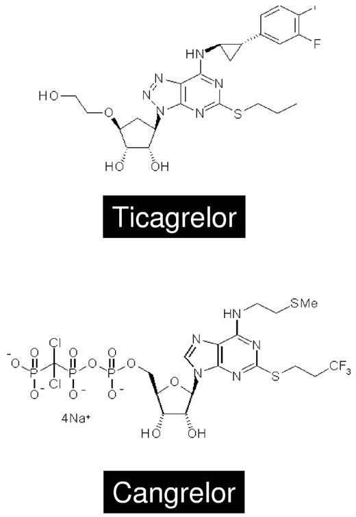 Figure 4. Chemical structures of the direct P2Y12 inhibitors ticagrelor and cangrelor.