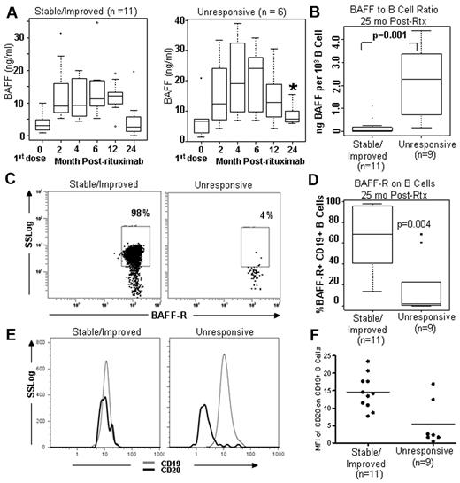 Figure 3. BAFF/B-cell ratio and BAFF-R detection after rituximab in cGVHD. (A) Serial BAFF measurements before and after rituximab in patients with stable/improved cGVHD compared with unresponsive cGVHD 2 years after rituximab. (B) Comparison of BAFF/B ratios in patients at 2 years with stable/improved disease or unresponsive cGVHD. (C) Representative flow cytometry showing BAFF-R expression on CD19+ B cells in stable/improved cGVHD versus unresponsive cGVHD. (D) Frequency of BAFF-R+ CD19+ B cells in the 2 groups. (E) Representative flow cytometric analysis showing that CD20 expression on CD19+ gated B cells is low in progressive cGVHD after rituximab. (F) Comparison of cell surface expression of CD20 (in MFI) between patients with stable/improved versus unresponsive cGVHD after rituximab.