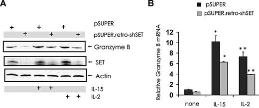 Figure 5. Effect of SET down-modulation on granzyme B expression in IL-15– or IL-2–activated human NK cells. pSUPER-infected and pSUPER.retro-shSET-infected NK-92 cells starved from IL-2 were left untreated or stimulated with IL-15 (100 ng/mL) or IL-2 (15 ng/mL) for 18 hours. Cells were analyzed for granzyme B, SET and actin protein levels by Western blot (A), and granzyme B transcript level by real-time RT-PCR (B; n = 4). *,**P < .01. Each experiment is representative of at least 3 performed with similar results.