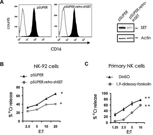 Figure 6. Effect of SET modulation or pharmacologic induction of PP2A activity on ADCC. pSUPER-infected and pSUPER.retro-shSET-infected NK-92 cells were infected with PINCO-CD16α chain virus and sorted for coexpression of GFP and CD16. After sorting, CD16 membrane expression was confirmed by FACS analysis (A, left), and down-modulation of SET was confirmed by immunoblotting (A, right). (B) ADCC of pSUPER-infected and pSUPER.retro-shSET–infected NK-92 cells expressing CD16 (n = 4, *P < .02) and (C) ADCC of primary CD56+ NK cells incubated in DMSO vehicle control or 1,9-dideoxy-forskolin (n = 5, **P < .01). Effector cells were assayed against P815 antibody-coated target cells in a 3-hour 51Cr release assay. Each experiment is representative of at least 3 performed with similar results.