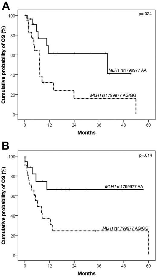 Figure 4. Kaplan-Meier curves for DLBCL survival from salvage treatment according to MLH1 rs1799977 genotype. OS from salvage treatment according to MLH1 rs1799977 genotype in the training series (A) and in the validation series (B).