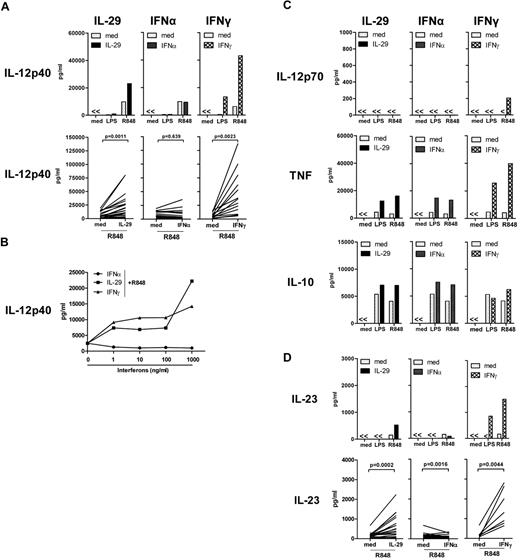 Figure 2. IL-29 enhances TLR-induced IL-12p40 production by human monocyte-derived macrophages. (A) Monocyte-derived macrophages were pretreated with IL-29 (100 ng/mL), IFNα (10 ng/mL), or IFNγ (10 ng/mL) for 5 hours, and then further stimulated with LPS or R848. The level of IL-12p40 in the supernatants was determined by ELISA. The values depicted show representative data from 27 independent experiments. The increase of IL-12p40 by IL-29 in monocyte-derived macrophages was observed in 19 of 27 healthy individuals. (B) Monocyte-derived macrophages were pretreated with IL-29, IFNα, or IFNγ at the indicated concentrations for 5 hours, and then further stimulated with R848. The level of IL-12p40 in the supernatants was determined by ELISA. The values depicted show representative data from 3 independent experiments. Medium, IL-29, IFNα, or IFNγ alone did not induce IL-12p40 production by R848-stimulated, monocyte-derived macrophages. (C) Monocyte-derived macrophages were stimulated as described for panel A. The concentrations of IL-12p70, TNF, and IL-10 were determined in the supernatants using ELISA. Macrophages from 10 of 15 healthy individuals showed undetectable levels of IL-12p70 in response to IFNγ and R848 stimulation. (D) Monocyte-derived macrophages were pretreated with IL-29 (100 ng/mL), IFNα (10 ng/mL), or IFNγ (10 ng/mL) for 5 hours, and then further stimulated with LPS or R848. The level of IL-23 in the supernatants was determined by ELISA.