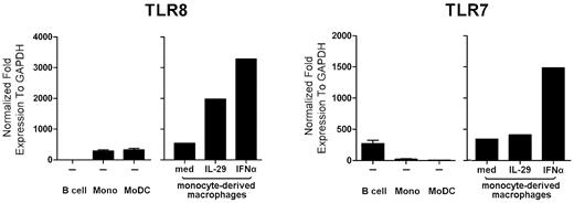 Figure 6. Both IL-29 and IFNα up-regulate TLR8 mRNA expression. Monocyte-derived macrophages were stimulated with medium, IL-29, or IFNα for 5 hours, and then the mRNA expression of TLR7 and TLR8 was measured by RT-PCR. B cells, monocytes, and monocyte-derived DCs were included as controls. The values depicted show representative data from 5 independent experiments.