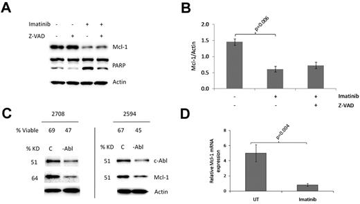 Figure 1. c-Abl inhibition decreases Mcl-1 expression in CLL cells and induces apoptosis. (A) Western blot analysis of Mcl-1 expression in CLL cells treated with imatinib. CLL cells were cultured for 24 hours in the presence or absence of 20μM imatinib and/or 50μM z-VAD. Lysates were probed by Western blot for the indicated proteins. (B) Graphical representation of the data in panel A. Mcl-1 expression is quantitated relative to β-actin and normalized between patient samples to the levels of Mcl-1 in freshly thawed CLL cells. The data are presented as the mean ± SEM using the malignant cells from 4 different patient samples. (C) Western blot analysis of Mcl-1 expression of CLL cells transfected with control (c) and c-Abl–specific (−Abl) siRNA. Cell viability (% viable) of the transfected cells, as determined by trypan blue, and percentage knockdown (% KD) of c-Abl and Mcl-1 are indicated. (D) Quantitative RT-PCR analysis of Mcl-1 mRNA levels in CLL cells treated with imatinib. CLL cells were cultured for 24 hours in the presence or absence of 20μM imatinib. Mcl-1 mRNA levels were measured relative to those of RPL27 (a housekeeping gene). The results are presented as mean ± SEM using the malignant cells from 6 different patient samples. Statistical significance in all parts of this figure was determined using a Student t test.
