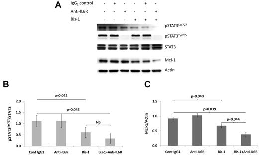 Figure 6. PKC induces STAT3 S727 phosphorylation and Mcl-1 transcription in CLL cells. (A) Inhibiting PKC and blocking the IL-6R inhibits STAT3 phosphorylation and Mcl-1 expression. CLL cells were incubated for 12 hours in the presence or absence of 1μM BisI and/or 0.5μM anti–IL-6R antibody, or IgG1 isotype control. Lysates of these cells were then probed by Western blot with the indicated antibodies. (B) Graphical representation of the data shown in panel A. These data highlight the down-regulation of pS727-STAT3 levels that are observed in CLL cells after treatment with BisI. (C) Graphical representation of the data shown in panel A. These data highlight the down-regulation of Mcl-1 protein levels that are observed in CLL cells after treatment with BisI. (B-C) Results are representative of 3 different CLL patient samples and are expressed relative to IgG1 isotype control (mean ± SEM). Statistical significance was determined using a Student t test.