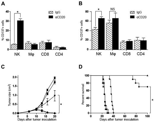 Figure 5. Enhancement of the antilymphoma activity of anti-CD20 mAb by anti-CD137 agonistic mAb is dependent on NK cells and macrophages. (A) Peripheral blood cell subsets from lymphoma-bearing C57BL/6 mice 4 days after tumor inoculation treated on day 3 with either IgG control or anti-CD20 antibody were analyzed for CD137 expression on CD3−NK1.1+ NK cells (NK), F4/80+ macrophages (Mϕ), CD3+CD8+ T cells (CD8), and CD3+CD4+ T cells (CD4) (n = 3 mice per group, *P = .001). (B) Tumor-infiltrating lymphocytes from lymphoma-bearing C57BL/6 mice 7 days after tumor inoculation treated on day 3 with either IgG control or anti-CD20 antibody were analyzed for CD137 expression on CD3−NK1.1+ NK cells (NK), F4/80+ macrophages (Mϕ), CD3+CD8+ T cells (CD8), and CD3+CD4+ T cells (CD4) (n = 3 mice per group, *P = .012; NS, not significant). (C-D) C57BL/6 mice were inoculated with 5 × 106 BL3750 lymphoma tumor cells. After tumor inoculation, mice received rat IgG control on day 3 (●), anti-Asialo-GM1 on days −1, 0, 5, 10, 15, 20, and 25 with anti-CD20 antibody on day 3 and anti-CD137 antibody on day 4 (■), liposomal clodronate on days −2, 0, 4, 8, 12, 16, 20, and 24 with anti-CD20 antibody on day 3 and anti-CD137 antibody on day 4 (▾), anti-CD8 mAb on days −1, 0, 5, 10,15, 20, and 25 with anti-CD20 antibody on day 3 and anti-CD137 antibody on day 4 (♦), or anti-CD20 antibody on day 3 and anti-CD137 antibody on day 4 (▴). Mice (10 per group) were then monitored for tumor growth (C; *P = .002) and overall survival (D; *P < .001).