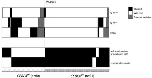 Figure 1. Distribution of concurrent mutations in CEBPAdm and CEBPAsm patients. Columns represent patients with CEBPA mutations (91 CEBPAdm and 60 CEBPAsm) patients and rows represent the genotypes FLT3TKD, FLT3ITD, and NPM1mutant (filled black), wild-type (open), or missing (filled gray). The in-frame insertion or deletion in bZIP and N-terminal truncation mutations in CEBPA is shown and highlighted in black.