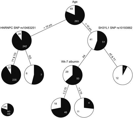 Figure 6. CART analysis. Age, sex, race, treatment arm, body mass index, dexamethasone AUC, cholesterol, albumin, and 20 SNPs described in supplemental Table 8 were allowed to compete in the CART analysis. Black and white colors in the pie chart represent the percentage of patients with grade 0 to 1 and grade 2 to 4 osteonecrosis (ON), respectively. Each number indicates the number of patients at the branch point.