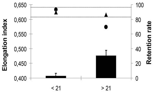 Figure 6. Elongation index and retention rate of “fresh” versus “old” RBCs. Mean (SD) retention rates (black bars) in microbeads of an RBC population measured weekly during a 6-week storage period in blood bank storage conditions. Data from the 3 first (< 21) and 3 last (> 21) weeks of storage period were pooled. Mean (SD) elongation index of a RBC population upstream (●) and downstream (▲) from the microbead layer. Data from the 3 first (< 21) and 3 last (> 21) weeks of the 6-week storage period were pooled. In our experimental conditions, the fresh RBC population elongation index values range from 0.610 to 0.640 (horizontal dotted lines).