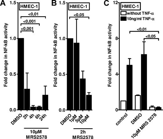 Figure 3. Effect of P2Y6 receptor antagonist MRS 2578 on endothelial NF-κB activity. To measure the NF-κB activity, vascular endothelia (HMEC-1) were transfected with 0.25 μg of either NF-κB promoter reporter (Clontech) or control pGL3 vector. Cells were exposed to the P2Y6 receptor antagonist MRS 2578 either with or without TNF-α for the indicated time periods. As readout for NF-κB activity cells were lysed, and luciferase activity was determined relative to the total protein concentration. (A-B) Unstimulated NF-κB activity after exposure to indicated times or concentrations of MRS 2578. (C) NF-κB activity after stimulation with MRS 2578 (30 minutes) and after stimulation with TNF-α (10 ng/mL) for 2 hours. Results are displayed as mean ± SD (n = 3).