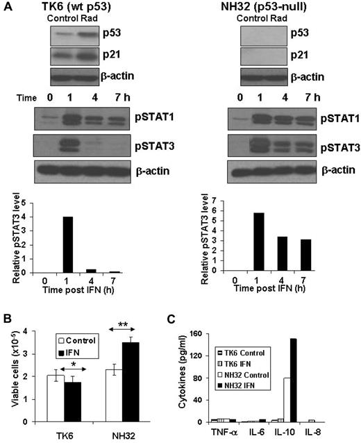 Figure 3. Increased IFN-mediated STAT3 phosphorylation and proliferation in p53−/− B-cell lines. (A) The p53 axes of TK6 (left) and NH32 cells (right) were assessed by measuring p53 and p21 levels 18 hours after irradiation. Other cells were treated with IFN-α2b (1000 U/mL) for the indicated times, and whole cell lysates were then immunoblotted with phosphotyrosine 701-specific STAT1 or phosphotyrosine 705-specific STAT3 antibodies. The pSTAT3 level relative to pSTAT1 was quantified by densitometry and shown below the blot. (B) TK6 and NH32 (5 × 104 cells/mL) were cultured with or without IFN-α (1000 U/mL) for 48 hours and then counted manually in a hemocytometer. The average (+ SE) of 3 separate measurements is shown. (C) Supernatants were also collected after 48 hours and the concentrations of IL-6, IL-10, IL-8, and TNF-α were determined as described in “Cytokine measurement.”