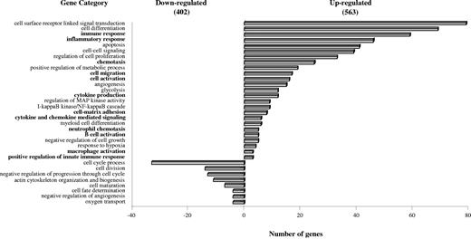 Figure 2. Functional classification of hypoxia-responsive genes by GO data mining. The gene expression profile of H-mDCs versus mDCs was analyzed using high-density oligonucleotide arrays, as described in “RNA isolation and GeneChip hybridization.” Unique genes showing at least 2-fold change in expression levels between cells generated under hypoxic and normoxic conditions were selected and clustered in different KEGG pathways according to GO data mining for biologic process at level 1 using the DAVID software Version 2008. Based on this classification scheme, genes can be placed in more than one category if more than one function of the encoded protein was established. Bars on the right of the y-axis represent up-regulated genes; and bars on the left of the y-axis, down-regulated genes. Immune-related pathways are highlighted in boldface.