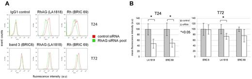 Figure 7. Rh dependency on RhAG is established early in erythropoiesis. (A) Flow cytometry histograms showing knockdown of RhAG and effect on band 3 and Rh. As described in “Small interfering RNA knockdown,” 1.5 × 106 expanding erythroblasts were transfected with control siRNA or pooled siRNAs directed against RhAG. Cells were reseeded in differentiation medium RhAG (LA1818), and Rh (BRIC69) surface expression levels were monitored after 24 and 72 hours of differentiation and band 3 after 72 hours. (B) Quantification of RhAG and Rh knockdown at 24 and 72 hours in differentiation as shown in panel A, normalized against cells transfected with nontargeting siRNA. ★ indicates statistical significance (Student t test).