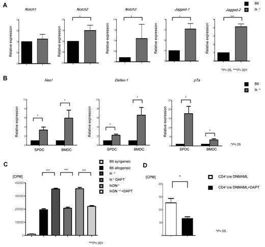 Figure 6. Ik−/− DCs show enhanced Notch signaling. (A) DCs were harvested from Ik−/− or WT B6 animals (n = 3-5 mice/group) and analyzed by Q-PCR for constitutive expression of Notch receptors (Notch1-3) and their ligands (Jagged-1 and Jagged-2). (B) Notch target genes, Hes1, Deltex1, and pTa, in BMDCs and splenic DCs. Data are from 1 of 3 different experiments. (C) DCs from B6 WT, Ik−/−, and IkDN+/− animals were pretreated with DAPT for 12 hours and then used as stimulators in an MLR with T cells from syngeneic B6 or allogeneic BALB/c animals. Proliferation was determined by 3H-thymidine incorporation at 96 hours. Data are means ± SEM of quadruplicate cultures. Results are from 1 of 3 similar experiments. (D) T cells from CD4-Cre DNMAMAL animals were used as responders with BALB/c BMDCs that were pretreated with DAPT or control. Proliferation was determined by 3H-thymidine incorporation at 96 hours. Data are means ± SEM of quadruplicate cultures. Results are from 1 of 2 similar experiments.