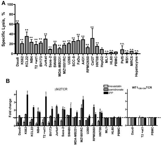 Figure 3. Broad recognition of tumor cells, but not of the normal tissues, is dependent on mevalonate-pathway intermediates. (A) Tumor cell lines and normal tissue-derived cells were loaded with 51Cr and incubated with γ9δ2TCR-transduced αβT cells at E:T ratio 10:1 for 4-5 hours. Percentage of the specific lysis is shown as the mean of at least 3 independent replicates for each target. (B) Various target cells, as indicated, were subjected to the lysis by γ9δ2TCR-transduced αβT cells at E:T ratio of 10:1 after treatment with 25μM mevastatin, 10μM pamidronate, with 15μM IPP or untreated. Shown is a summary of fold change of the specific lysis of treated (□, mevastatin;, pamidronate; and ■, IPP treatment) versus untreated target in at least 3 independent experiments for each cell line. WT1-specific TCR-transduced αβT cells served as a control for mevastatin/pamidronate/IPP-independent specific lysis of T2 cells loaded with wt1 peptide. Significance was determined by 2-way ANOVA analysis; *P < .01; **P < .001.