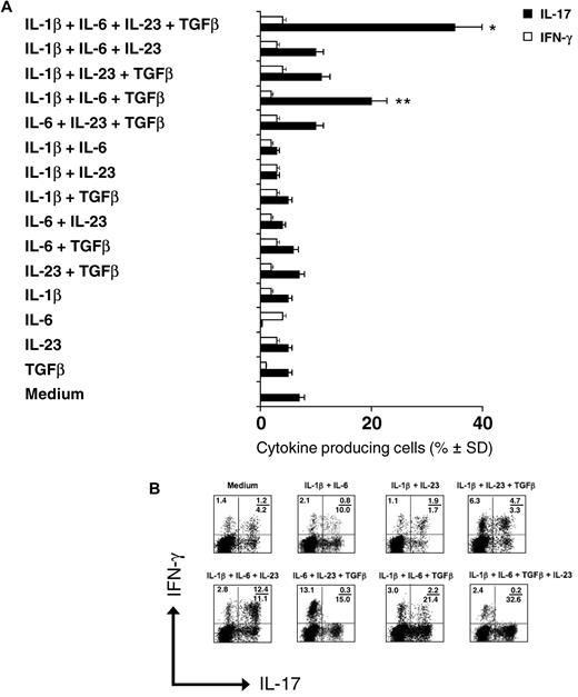 Figure 1. Polarization of IL-17+ Vγ9Vδ2 T cells is induced by antigen and IL-1β, IL-6, IL-23, and TGF-β. Intracellular cytokine staining for IL-17 and IFN-γ in naive (CD45RA+CD27+) human Vγ9Vδ2 T cells primed for 6 days with an equal number of irradiated DCs and IPP, in the presence of various combinations of cytokines, then incubated for 6-7 days more in IL-2 and stimulated for 6 hours with IPP. (A) Cumulative results (mean values ± SD) of 3 different experiments each performed with 5 different healthy donors. *P < .01 and **P < .05 compared with the medium group. (B) Typical flow cytometry panels of a representative experiment. Numbers in quadrants indicate percent cells in each.
