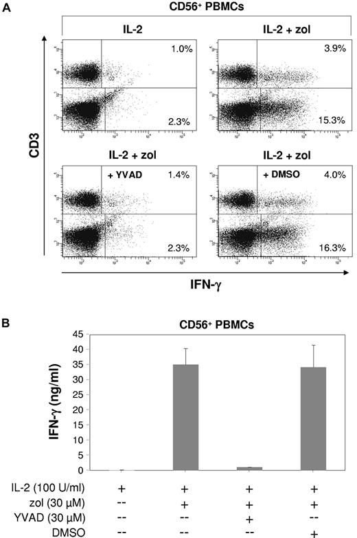 Figure 7. Innate lymphocyte IFN-γ response induced by zoledronate depends on endogenous caspase-1. (A) CD56+ PBMCs (1.5 × 106/mL) were stimulated for 20 hours with either IL-2 alone (100 U/mL) or with zoledronate (30μM) plus IL-2 in the presence or absence of the caspase-1 inhibitor YVAD at 30μM (or DMSO solvent control). Cells were stained for intracellular IFN-γ and for surface CD3. (B) IFN-γ levels were determined in culture supernatants. One of 3 independent experiments is shown.