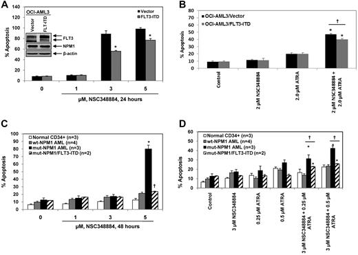Figure 7. Expression of mutant NPM1 enhances sensitivity of primary AML cells to NSC348884 and/or ATRA. (A) OCI-AML3 vector and FLT3-ITD overexpressing cells were treated with the indicated concentrations of NSC348884 for 24 hours. After treatment, cells were stained with annexin V and propidium iodide and the percentages of apoptotic cells were determined by flow cytometry. Columns represent the mean of 3 independent experiments; bars represent the SEM. Inset shows the expression of FLT3-ITD and NPM1 levels in OCI-AML3 vector and FLT3-ITD transfected cells. The expression levels of β-actin in the lysates served as the loading control. (B) OCI-AML3 vector and FLT3-ITD overexpressing cells were treated with the indicated concentrations of NSC348884 and/or ATRA for 48 hours. After treatment, cells were stained with annexin V and propidium iodide and the percentages of apoptotic cells were determined by flow cytometry. Columns represent the mean of 3 independent experiments. Bars represent the SEM. * indicates values significantly greater (P < .05) in the combination compared with treatment with either agent alone. † indicates values significantly less (P < .01) in OCI-AML3 cells with FLT3-ITD overexpression. (C,D) Primary patient-derived AML cells expressing wild-type (n = 4) or Mt NPM1 (n = 3), Mt-NPM1/FLT3-ITD (n = 2), and normal CD34+ progenitor cells (n = 3) were treated with the indicated concentrations of NSC348884 for 48 hours (C), or treated with the indicated concentrations of NSC348884 and/or ATRA for 48 hours (D). After treatment, cells were stained with annexin V and propidium iodide and the percentages of apoptotic cells were determined by flow cytometry. Columns represent the mean of 3 independent experiments; bars represent the SEM. In panel C, * indicates values significantly greater (P < .01) in the primary AML cells with Mt NPM1 compared with primary AML cells with WT NPM1 and primary CD34+ progenitor cells. † indicates values significantly less (P < .01) in primary AML cells with Mt NPM1/FLT3-ITD compared with AML cells with Mt NPM1 alone. In panel D, * indicates % values significantly greater (P < .05) in the combination treatments compared with treatment with either agent alone. † indicates values significantly less (P < .01) in Mt NPM1/FLT3-ITD AML cells compared with AML cells with Mt NPM1 alone in the combination treatments.