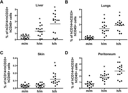 Figure 5. Frequencies of tissue-derived human monocytes/macrophages in the humanized CSF-1 mice. CSF1m/m, CSF1h/m, and CSF1h/h mice were engrafted with human CD34+ cells, and 12 weeks after transplantation, mice were killed perfused with PBS. Liver (A), lungs (B), and skin (C) were harvested and single-cell suspensions were prepared. Peritoneal cavity cells (D) were collected by aspirating with PBS. Cells were stained with human CD45, CD14, and CD33 antibodies, and analyzed by flow cytometry. Each symbol represents an individual mouse; horizontal bars indicate the mean values. Data are representative of 3 independent experiments.