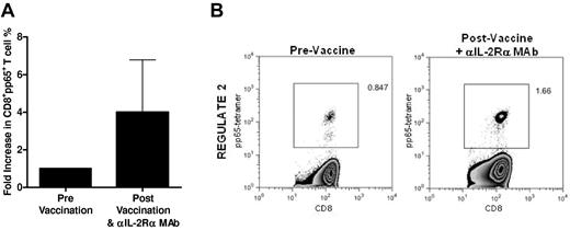 Figure 7. Anti–IL-2Rα mAb blockade does not prevent the vaccine-induced expansion of antigen-specific CD8+ T cells. CMV-pp65–specific CD8+ T cells were determined by flow cytometric analysis of PBMCs both before (pre) and 43 to 55 days after (post) administration of CMV-pp65 DC vaccine and daclizumab. (A) Data are shown as the average fold increase (post/pre) in the frequency of pp65+CD8+ T cells from 4 REGULATE patients (individual patient average of tetramer+CD8+ T cells across tested HLA alleles). (B) Representative FACS plot of pp65-tetramer+CD8+ T cells. Gating strategy: total lymphocytes selected from forward scatter and side scatter display, CD3+CD8+ T cells selected from total lymphocytes, and pp65+ T cells selected from total CD3+CD8+ population (supplemental Figure 12).