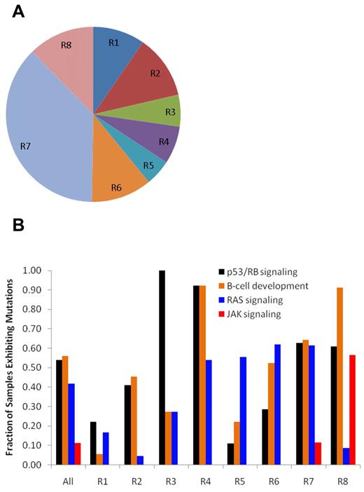 Figure 3. Distribution of cases and mutations according to ROSE clustering subgroups. (A) Distribution of the 8 patient subgroups identified by unsupervised clustering of gene expression profiles using the ROSE method.12 The subgroups, labeled contiguously from R1 to R8, include 2 subgroups associated with known recurrent cytogenetic abnormalities: R1 with translocations of MLL and R2 with TCF3-PBX1 fusion, 1 subgroup that lacks sentinel abnormality (R7), 1 subgroup with good outcome (R6), and 1 subgroup with poor outcome (R8).12 (B) Somatic alteration profiles incorporating both sequence mutations and CNAs in TP53/RB1 signaling, B-cell development, Ras signaling, and JAK signaling pathways. The frequency of patients exhibiting mutations in these 4 pathways among the 8 ROSE gene-expression subgroups differs significantly from the null hypothesis (ie, that the mutations are randomly distributed across all 8 subgroups) with a P value of 9.38 × 10−7, 3.38 × 10−8, 1.53 × 10−7, and 2.16 × 10−10 for TP53/RB1 signaling, B-cell development, Ras signaling, and JAK signaling, respectively by χ2 test.