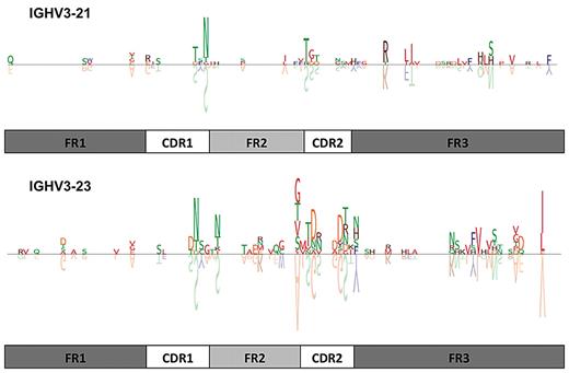 Figure 5. Amino acid sequence logos of IGHV3-21 and IGHV3-23 rearrangements with less than 100% GI. Seventy-eight IGHV3-21 and 48 IGHV3-23 rearrangements are depicted. The letters above the line represent the amino acid changes, whereas the letters shown upside-down below the line represent the corresponding germ line amino acids of the IGHV gene. The size of the amino acid symbol represents the relative frequency of that amino acid at that position relative to all other mutations at that position in the certain IGHV group of sequences. Blank spaces represent amino acids that are unchanged in comparison to the germ line sequence. Amino acids are colored based on their similarity in terms of their physicochemical properties, as described previously. For example, in the IGHV3-21 group, the substitution of S for N at VH CDR1 codon 38 occurred in 15/78 (19.2%) cases, whereas in the IGHV3-23 group, the amino acid changes S-to-N at VH CDR1 codon 36 and V-to-I at VH FR3 codon 101 were detected in 12/48 (25%) cases each, respectively. Additional detailed information is provided in supplemental Table 12A and B.