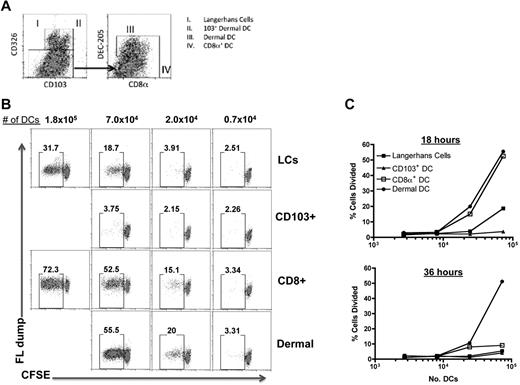 Figure 4. TLR7a-conjugate vaccination engages multiple DC subsets to cross-prime CD8+ T cells. WT mice were subcutaneously immunized with 50 μg of the OVA-TLR7a conjugate, and the dLNs were harvested 18 or 36 hours after immunization. DCs were isolated as described above, and the indicated DC subsets were sorted using the MoFlow cell sorter on the basis of surface marker expression as outlined in (A). Sorted cells were then cocultured either at the indicated titration of cell numbers (B,C) with 1.0 × 104 purified and CFSE-labeled OTI T cells. After 3 days, OTI T cells were harvested from the culture and the dilution of CFSE was assessed by flow cytometry, gating on CD8+, CD3+, and B220- cells. The data shown are representative of 2 independent experiments.
