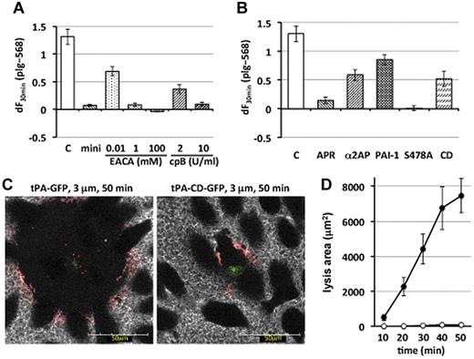 Figure 2. Lysine-binding-site–dependent and plasmin-activity–dependent amplification of cell surface–associated plasminogen activation by surface-retained tPA. (A) The increasing values in plg-568 fluorescence intensity at the most basal focal image in tPA-GFP–expressing cells were calculated from each initial value until that at 30 minutes, which represents the amount of accumulated plg-568 and is referred as dF30 min. Bars show the mean ± SE of dF30 min from 9, 4, 3, and 5 independent experiments in control (C), 480nM nonlabeled miniplasminogen plus 20nM Alexa Fluor 568–labeled miniplasminogen (mini), epsilon-aminocaproic acid (EACA), and carboxypeptidase B (cpB), respectively. All materials examined significantly reduced the accumulation of plg-568 (P < .001 vs control) except for 0.01mM EACA (P = .033 vs control). (B) Bars indicate mean ± SE of dF30 min from 9, 4, 3, 6, 5, and 5 independent experiments in control (C), 1667 U/mL aprotinin (APR), 0.3μM α2-antiplasmin (α2AP), 40nM human recombinant PA inhibitor-1 (PAI-1), S478A, and CD, respectively. Supplementation of PAI-1 or α2AP reduced the accumulation of plg-568 (P = .012 and P = .0028, respectively, vs control), whereas the others significantly reduced the accumulation of plg-568 (P < .001 vs control). S478A indicates tPA-S478A-GFP–expressing cells; CD, tPA-CD-GFP–expressing cells (a heavy chain–deleted mutant of tPA, which is composed of signal peptide and catalytic domain). (C) Representative images during fibrin clot lysis on tPA-GFP–expressing cells (left) or tPA-CD-GFP–expressing cells (right) at 3 μm above and along the z axis at 50 minutes after fibrin clot formation. Green indicates tPA-GFP or tPA-CD-GFP; red, plg-568; and white, fbg-647. (D) Lysis area at 3 μm above the z axis was calculated every 10 minutes after fibrin network formation over a single tPA-GFP–expressing cell ● or tPA-CD-GFP–expressing cell ○. Results of 5 independent experiments are shown as mean ± SE.