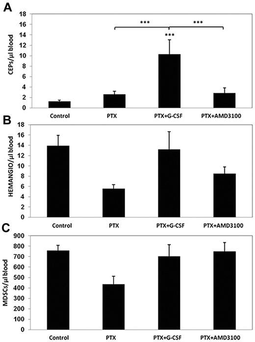 Figure 2. Evaluation of BMDC circulating populations after treatment with PTX or PTX in combination with either G-CSF or AMD3100. Non–tumor-bearing C57Bl/6 mice (n = 4 to 5 mice per group) were treated with PTX, PTX and G-CSF, or PTX and AMD3100. Mice were bled via retro-orbital sinus for the evaluation of (A) viable CEPs; (B) hemangiocytes; and (C) Gr-1+/CD11b+ cells (MDSCs), using flow cytometry. ***P < .001 from control group, unless indicated otherwise.