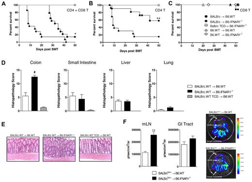 Figure 1. Type I-IFN signaling inhibits colon-targeted GVHD in a MHC-mismatched model of BM transplantation. Survival of lethally irradiated B6.WT or B6.IFNAR1−/− mice undergoing transplantation at day 0 with 107 BM and either (A) 5 × 106 CD3+ T cells (*P < .05 B6.WT vs B6.IFNAR1−/−), (B) 3 × 106 CD4+ T cells only (**P < .01, B6.WT vs B6.IFNAR1−/−), or (C) 2 × 106 CD8+ T cells only from BALB/c.WT donors. In panel C, syngeneic groups received 107 BM and 5 × 106 CD3+ T cells from B6.WT donors. Combined data from 2 experiments; n = 13-14 in BM + T groups, n = 4-6 in TCD or syngeneic control groups. (D) After transplantation as in panel A, histology samples were taken at day 7 and GVHD histopathology quantified in the target organs, colon (#P < .005, B6.WT vs B6.IFNAR1−/−), small intestine, liver, and lung. Scores are 0 in TCD, where no bars are seen. (E) Representative images of colon histology (×250 magnification). (F) Lethally irradiated B6.WT or B6.IFNAR1−/− recipients received BALB/c.WT BM (107) + BALB/cluc+ T cells (5 × 106). Luminescence was quantified at day 7 after transplantation in mLN and GI tract as shown (**P < .01, n = 5 per group).