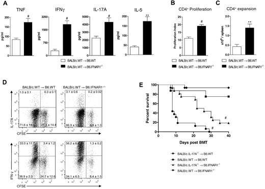 Figure 2. Type I-IFN signaling prevents donor T-cell proliferation and differentiation after transplantation. Lethally irradiated B6.WT or B6.IFNAR1−/− mice were transplanted with WT.BALB/c BM and CD3+ T cells. (A) Sera were taken from mice at day 4 (IFN-γ) and day 7 (TNF, IL-17A, and IL-5) and cytokine levels quantified by cytometric bead array (IFN-γ, TNF, and IL-5) or ELISA (IL-17) 4 days after transplantation with BALB/c.WT BM and BALB/c.CD45.1+ CFSE-labeled donor cells. (B) Proliferation indices of donor CD4+ T cells in the spleen were calculated with ModFit Version LT3.2 software (combined data from 2 experiments; #P < .005; n = 8 per group). (C) Donor CD4+ T cells were enumerated in the spleen (combined data from 2 experiments; **P < .01; n = 8 per group), and (D) stimulated for 5 hours ex vivo and stained for IFNγ and IL-17A (plots representative of 2 experiments and displayed as mean ± SEM, n = 8 per group). (E) Survival of lethally irradiated B6.WT or B6.IFNAR1−/− mice undergoing transplantation with 107 BM and 5 × 106 CD3+ T cells from either BALB/c.WT or BALB/c.IL-17A−/− donors (#P < .001, BALB/c.IL-17A−/−→B6.IFNAR1−/− vs both BALB/c.WT → B6.IFNAR1−/− and BALB/c.IL-17A−/− → B6.WT; survival curves are Kaplan-Meier estimates from 2 experiments; n = 8-16 per group).