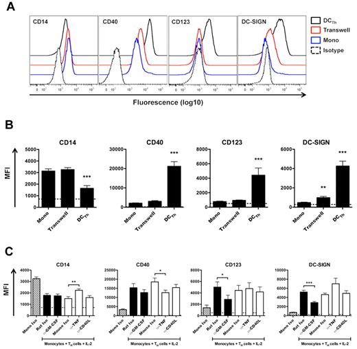 Figure 2. Cell contact, GM-CSF, and TNF-α mediate DCTh differentiation. (A, B) CD14+ monocytes were cultured for 6 days with IL-2 (Mono), IL-2 and autologous TH cells (DCTh), or IL-2 and autologous TH cells on opposite sides of a 0.4 μm transwell membrane (Transwell) for 6 days. Cell surface expression of DC associated molecules is shown. (A) Representative FACS plots are shown from 4 independent experiments and > 10 donors. Isotype controls for straining (Isotype) are shown as dashed lines. (B) MFIs are shown. Dashed lines indicate the average MFIs of isotype control Ab used for staining from all culture conditions. Data are from 4 independent experiments and > 10 donors (mean and SEM), **P < .01, ***P < .001 compared with Mono. (C) CD14+ monocytes were cultured for 6 days with IL-2 and isotype control Ab (Mono Iso) or autologous TH cells, IL-2 and the indicated isotype control or neutralizing Ab. Filled columns indicate rat IgG1 Ab, while open columns indicate mouse IgG1 Ab. Mono Iso (hatched columns) represent combined values of rat IgG1 and mouse IgG1 isotype control Ab. MFIs are shown after excluding TH cells. Dashed lines indicate the average MFIs of isotype control Ab used for staining from all culture conditions. Data are from 4 independent experiments and > 10 donors (mean and SEM), *P < .05, **P < .01, ***P < .001.