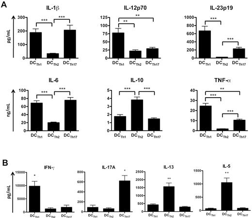 Figure 4. DCTh subsets promote distinct TH cell responses. CD14+ monocytes were cultured with IL-2 and allogeneic TH1 cells (DCTh1), TH2 cells (DCTh2), or TH17 cells (DCTh17). (A) On day 6 of culture, each DCTh coculture was stimulated with LPS for 36 hours. Supernatants were subsequently collected for measurement of IL-1β, IL-6, IL-10, IL-12p70, IL-23p19, and TNF-α by ELISA. Data are from 5 independent experiments and > 10 donors (mean and SEM), *P < .05; **P < .01; ***P < .001. (B) T cell–depleted DCTh subsets from autologous cocultures were stimulated with LPS at day 6 for 36 hours and subsequently cultured with allogeneic naive CD4+ T cells in an MLR. After 6 days, supernatants were collected for measurement of IL-5, IL-13, IL-17A, and IFN-γ by ELISA. Data are from 4 independent experiments and 4 donors (mean and SEM), *P < .05, **P < .01 compared with all other subsets. See also supplemental Figure 4.