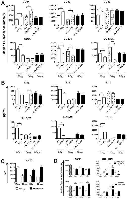 Figure 5. TH cell specific cytokines and monocyte-TH cell contact regulate the formation of specialized DCTh subsets. (A,B) DCTh1 (open columns), DCTh2 (hatched columns) or DCTh17 (filled columns) were formed in the presence of isotype control (Iso) or the indicated neutralizing antibodies for 6 days. (A) MFIs of DC-associated molecules are shown after excluding TH cells. Data are from 5 independent experiments and > 10 donors (mean and SEM), *P < .05; **P < .01; ***P < .001. (B) On day 6 of culture, each DCTh coculture was stimulated with LPS in the presence of the indicated isotype control (Iso) or neutralizing Ab for 36 hours. Supernatants were subsequently collected for measurement of IL-1β, IL-6, IL-10, IL-12p70, IL-23p19, and TNF-α by ELISA. Data are from 5 independent experiments and > 10 donors (mean and SEM), *P < .05; **P < .01; ***P < .001. (C) CD14+ monocytes were cultured for 6 days with IL-2 (Mono), IL-2 and allogeneic TH cells (DCTh), or IL-2 and allogeneic TH cells on top of a 0.4 μm transwell membrane and CD14+ monocytes below the transwell insert (Transwell). MFIs of cells below the transwell insert are shown. Dashed lines indicate the average MFIs of isotype control Abs used for staining from all culture conditions. Data are from 1 experiment and 3 donors (mean and SEM). (D) CD14+ monocytes were cultured for 6 days with IL-2 and isotype control Ab (Mono, hatched column) or TH cells, IL-2 and the indicated isotype control (open columns) or neutralizing Ab (filled columns). MFIs are shown after excluding TH cells. Dashed lines indicate the average MFIs of isotype control Ab used for staining from all culture conditions. Data are from 3 independent experiments and 6 donors (mean and SEM), *P < .05.