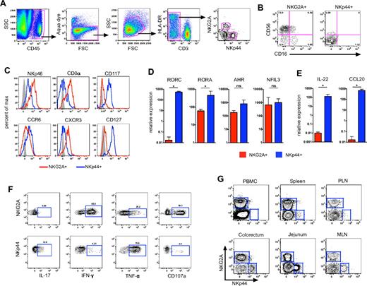 Figure 1. Gut-associated lymphoid tissues contain 2 distinct lineages of NK cells. (A) Representative gating strategy to identify NKG2A+ and NKp44+ NK cells among live mononuclear cells in tissues in rectal mucosa specimens. (B) Flow cytometry plots demonstrating disparate expression of CD56 and CD16 on NKG2A+ and NKp44+ NK cells. (C) Representative histogram overlays depicting expression of NKp46, CD8α, CD117, CD127, CCR6, and CXCR3 on the 2 NK-cell subpopulations. Isotype-matched controls are shown in gray. RT-PCR analysis was used to quantify mRNA transcripts of transcription factors (D) and regulatory cytokines IL-22 and CCL20 (E) in NKG2A+ and NKp44+ NK cells sorted from rectal mucosa of normal macaques. Mann-Whitney U test (*P < .05). (F) Flow cytometry plots depicting CD107a and intracellular cytokine responses in the 2 NK-cell subpopulations after mitogen stimulation. Polychromatic flow cytometry and ICS experiments are representative of 8-16 animals per group; molecular analyses show geometric means ± SEM of 4 animals per group. (G) Flow cytometry plots comparing distribution of NKG2A+ and NKp44+ NK cells in blood and various tissues of rhesus macaques using the gating strategy shown in panel A; data are representative of > 12 animals. MLN indicates mesenteric lymph node; and PLN, peripheral lymph node.