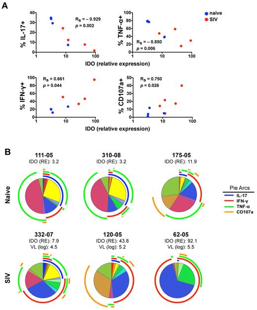 Figure 6. Increased IDO1 expression in the gut mucosa is associated with modulation of IL-17 and IFN-γ secretion by NKp44+ cells. (A) Monofunctional analyses of stimulated NKp44+ NK cells as shown in Figure 6A were correlated with relative expression values of IDO in whole biopsy specimens of the same animals. P values < .05 are considered significant. (B) Multiparametric analyses of NKp44+ NK cells function using SPICE 5.0 for individual naive and SIV-infected animals. Corresponding relative expression (RE) of IDO1 and plasma viral loads (VL) of infected animals are shown.
