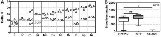 Figure 5. Transgenic mice of subline E express human F8 mRNA in a variety of different organs but express a hemophilic phenotype. (A) Expression of F8 mRNA in transgenic male (▴) and female (●) mice compared with the expression of murine F8 mRNA in wild-type C57BL/6 male (▵) and female mice (○). Total RNA was isolated from liver (li), brain (br), reproductive organs (ro), kidneys (ki), bone marrow (bm), muscle (mu), heart (he), thymus (th), lymph nodes (ln), spleen (sp), and lungs (lu) and reverse transcribed into cDNA. Expression of human and murine F8 mRNA was analyzed in relation to murine β-actin by TaqMan real-time quantitative PCR. Each data point represents results obtained from an individual mouse. (B) Blood loss after tail cut was determined over a period of 60 minutes using the tail-cut model.35 Presented are box plots representing the results obtained with groups of 16 mice. Compared are transgenic mice expressing the human F8 cDNA (huF8), conventional hemophilic E17 F8-knockout mice (E17 F8 ko), and wild-type mice (C57BL/6). ns indicates that the difference was not significant. *P < .001.