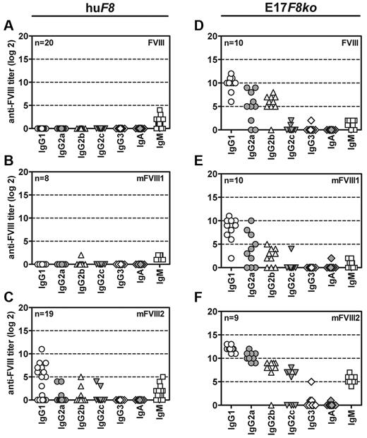 Figure 7. Break of immune tolerance against human FVIII in mice of subline E is not isotypically restricted. Transgenic mice expressing human F8 cDNA (huF8, A-C) and conventional hemophilic E17 F8-knockout mice (E17F8ko, D-F) were treated weekly with 9 doses of either native human FVIII (FVIII, A and D) or 1 of 2 PEGylated human FVIII proteins (mFVIII1, B and E; mFVIII2, C and F). Subclasses of IgG, IgA, and IgM antibodies specific for native human FVIII were analyzed by ELISA 1 week after the last treatment. Results of individual mice are shown.
