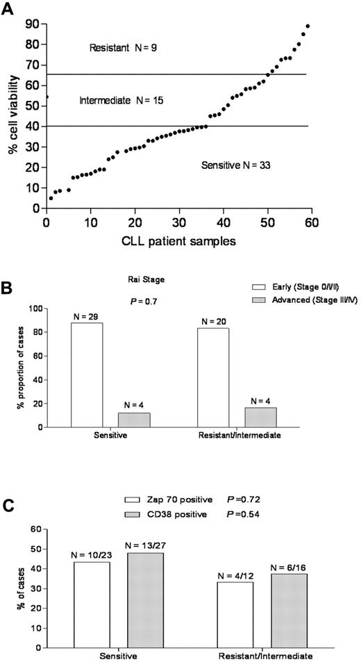 Figure 1. A wide range of responses to ABT-737 in primary CLL independent of known prognostic markers. (A) Primary CLL cells derived from 57 patients were incubated with ABT-737 (50nM) for 18 hours. Cell survival was assessed by annexin V/fluorescein isothiocyanate binding, as determined by flow cytometric analysis. Values are normalized to survival of untreated cells, and each data point represents one CLL patient. Based on cell viability data, the response to ABT-737 was classified as: resistant (> 65%), intermediate (40%-65%), and sensitive (< 40%). (B-C) The proportion of CLL patients in the resistant/intermediate and sensitive groups, respectively was examined with regard to the common CLL prognostic markers: (B) Rai stage and (C) Zap-70, CD38 expression. P values are shown for comparison of groups.