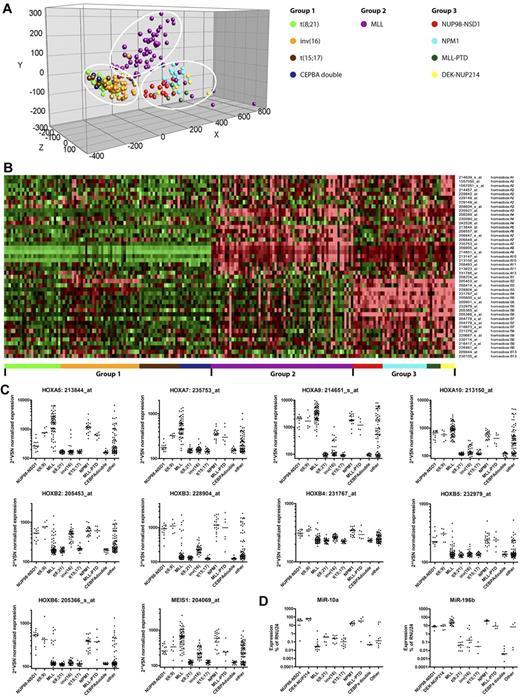 Figure 7. Distinct expression pattern of the HOXA and -B cluster genes in pediatric AML with NUP98/NSD1. (A) Principal component analysis of pediatric AML subgroups characterized by specific type-II aberrations (n = 210) was carried out based on all HOXA and –B–annotating probe sets present on the HGU133 Plus 2.0 microarray (Affymetrix). Each color-coded circle represents an individual AML case. Three distinct groups are observed in the principal component analysis, which are indicated by the white circles. (B) Heat map showing the expression of all HOXA and B-annotating probe sets in which the cells represent relative log 2 expression values and are color-coded on a scale ranging from bright green (−2) to bright red (+2), with black indicating no change relative to the median. The pediatric AML cases are grouped together based on their specific type-II aberration as indicated by the color-coded bars below the heat map, and the probe sets are alphabetically ordered. Three groups with distinct expression patterns are observed, that is, group 1, characterized by low or absent expression of HOXA and -B genes; group 2, characterized by solely high expression of HOXA genes (mainly HOXA5-A10); and group 3, characterized by expression of both HOXA and -B genes (mainly HOXA5-A10 and HOXB2-B6). The latter included the NUP98/NSD1 cases. (C) Variance stabilization and normalization (VSN)–normalization-normalized expression levels of HOX-annotating probe sets A5, A7, A9,and A10 and B2, B3, B4, B5, and B6 and a probe set annotating MEIS1 were depicted per graph for all pediatric AML cases (n = 274) grouped by their specific type-II aberration. NUP98/NSD1 cases were characterized by high HOXA9, -A10, -B2, -B3, -B4, -B5, -B6, and MEIS1 expression. (D) Relative expression levels of miRNA-10a and -196b by stem-loop qRT-PCR in pediatric AML cases (n = 90 and n = 84, respectively), representing the different genetic subgroups in pediatric AML. Both miRNA-10a and -196b are highly expressed in the group 3-members, whereas only miRNA-196b, but not miRNA-10a is highly expressed in the majority of the MLL-rearranged cases, correlating exactly with HOXA and -B expression, respectively.