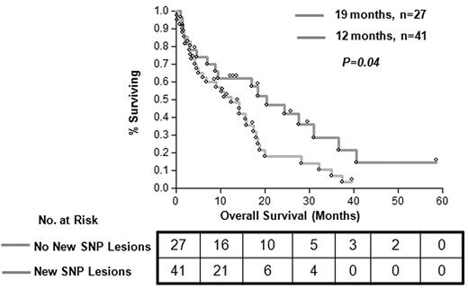Figure 1. Clinical effect of new lesions detected by SNP-A karyotyping analysis. Patients with novel lesions detected by SNP-A and normal karyotype (MC) showed worse OS (median, 12 months; OR, 1.81; 95% CI, 1.02-3.35) versus patients without novel SNP lesions (median, 19 months; OR, 0.55; 95% CI, 0.29-0.98; P = .04). Patients with new SNP lesions and those without are represented by gray line (N = 41) and orange line (N = 27), respectively.