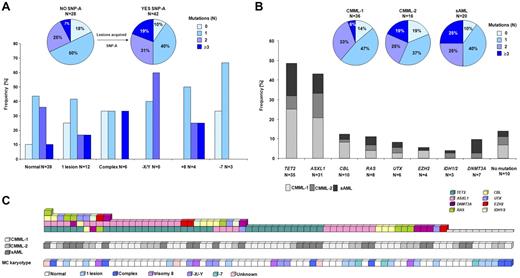 Figure 4. Frequencies and distributions of molecular mutations. Identified mutations and their frequencies in patients annotated according to karyotype by MC and SNP-A (A) and diagnostic criteria of CMML-1, CMML-2, and sAML (B). Most identified mutations were detected in patients with a normal karyotype by MC. SNP-A improved the detection rate, and only 10% of patients with uncovered SNP-A lesions did not carry any mutation. Among these patients an accumulation of mutations was observed (≥ 3 mutations in 19% vs 7% in those without new SNP-A lesions). Additional accumulation of mutations was found in AML derived from CMML compared with CMML-1/2. (C) Systematic mutational sequencing shows almost all possible combinations of genetic states for studied genes in patients with CMML and AML derived from CMML. Of 72 patients, only 14% of patients did not display mutations in any of the studied genes.