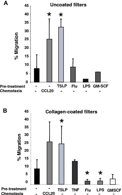 Figure 1. TSLP induces chemokinesis of resting DCs in a cell-autonomous manner. (A) Purified blood DCs were precultured in medium (untreated), TSLP, influenza virus (Flu), LPS, or GM-CSF. After 24 hours, cells were washed, counted, and seeded in equal numbers in the upper chamber of an uncoated transwell system in the absence of chemotactic factors. After 6 hours, DCs migrating into the lower chamber were harvested and counted. Data are represented as percentage of input DCs. In the positive control, CCL20 was used in the lower chamber during migration as a chemotactic factor. Data are mean ± SD; n = 7. *P < .05 vs untreated. (B) Primary blood DCs were precultured in medium, TSLP, TNF, influenza virus (Flu), LPS, or GM-CSF. After 24 hours, cells were washed, counted, and seeded in equal numbers in the upper chamber of a collagen-coated transwell system in the absence of chemotactic factors. After 6 hours, DC migration was quantified. Data are represented as percentage of input DCs. In the positive control, CCL20 was added in the lower well. Data are mean ± SD; n = 5. *P < .05 vs untreated.