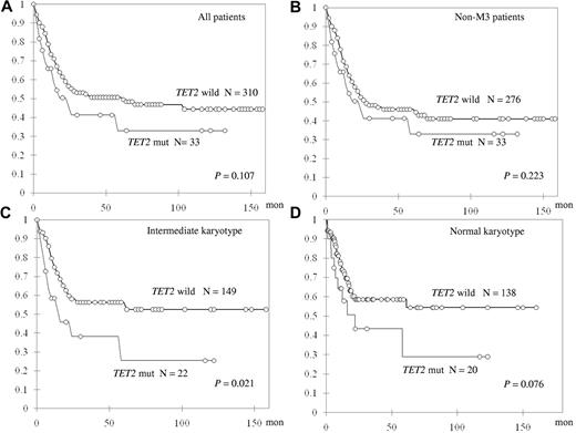 Figure 2. Kaplan-Meier curves for OS stratified by the status of TET2 mutations in different subgroups of patients.